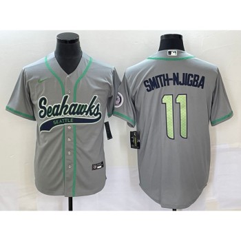 Men's Seattle Seahawks #11 Jaxon Smith-Njigba Grey With Patch Cool Base Stitched Baseball Jersey Men's Seattle Seahawks #11 Jaxon Smith-Njigba Grey With Patch Cool Base Stitched Baseball Jersey