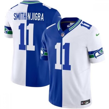 Men's Seattle Seahawks #11 Jaxon Smith-Njigba Royal/White Split 2023 F.U.S.E. Throwback Vapor Limited Stitched Football Jersey Men's Seattle Seahawks #11 Jaxon Smith-Njigba Royal/White Split 2023 F.U.S.E. Throwback Vapor Limited Stitched Football Jersey