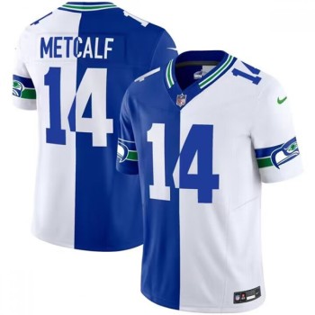 Men's Seattle Seahawks #14 D.K. Metcalf Royal/White Split 2023 F.U.S.E. Throwback Vapor Limited Stitched Football Jersey Men's Seattle Seahawks #14 D.K. Metcalf Royal/White Split 2023 F.U.S.E. Throwback Vapor Limited Stitched Football Jersey