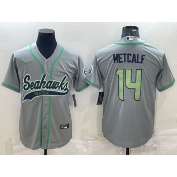 Men's Seattle Seahawks #14 DK Metcalf Grey With Patch Cool Base Stitched Baseball Jersey Men's Seattle Seahawks #14 DK Metcalf Grey With Patch Cool Base Stitched Baseball Jersey