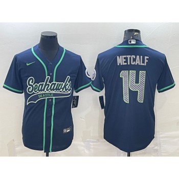 Men's Seattle Seahawks #14 DK Metcalf Navy With Patch Cool Base Stitched Baseball Jersey Men's Seattle Seahawks #14 DK Metcalf Navy With Patch Cool Base Stitched Baseball Jersey