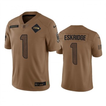 Men's Seattle Seahawks #1 Dee Eskridge 2023 Brown Salute To Service Limited Stitched Football Jersey Men's Seattle Seahawks #1 Dee Eskridge 2023 Brown Salute To Service Limited Stitched Football Jersey