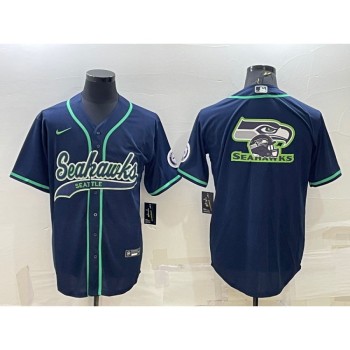 Men's Seattle Seahawks Navy Team Big Logo With Patch Cool Base Stitched Baseball Jersey Men's Seattle Seahawks Navy Team Big Logo With Patch Cool Base Stitched Baseball Jersey
