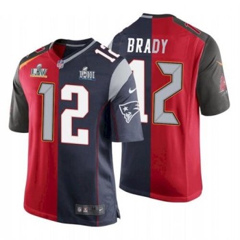 Men's Tampa Bay Buccaneers #12 Tom Brady Red Navy Super Bowl Split GOAT Stitched Jersey Men's Tampa Bay Buccaneers #12 Tom Brady Red Navy Super Bowl Split GOAT Stitched Jersey