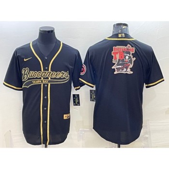 Men's Tampa Bay Buccaneers Black Gold Team Big Logo With Patch Cool Base Stitched Baseball Jersey Men's Tampa Bay Buccaneers Black Gold Team Big Logo With Patch Cool Base Stitched Baseball Jersey