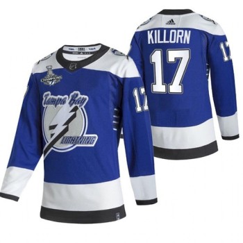 Men's Tampa Bay Lightning #17 Alex Killorn 2021 Blue Stanley Cup Champions Reverse Retro Stitched Jersey Men's Tampa Bay Lightning #17 Alex Killorn 2021 Blue Stanley Cup Champions Reverse Retro Stitched Jersey