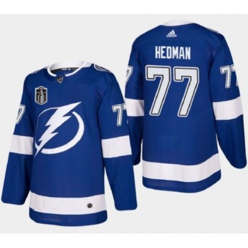 Men's Tampa Bay Lightning #77 Victor Hedman 2022 Blue Stanley Cup Final Patch Stitched Jersey Men's Tampa Bay Lightning #77 Victor Hedman 2022 Blue Stanley Cup Final Patch Stitched Jersey