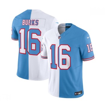 Men's Tennessee Titans #16 Treylon Burks White/Blue 2023 F.U.S.E. Split Vapor Limited Throwback Stitched Football Jersey Men's Tennessee Titans #16 Treylon Burks White/Blue 2023 F.U.S.E. Split Vapor Limited Throwback Stitched Football Jersey