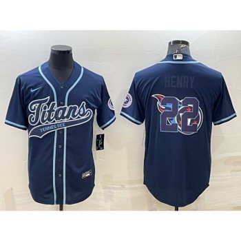 Men's Tennessee Titans #22 Derrick Henry Navy Team Big Logo With Patch Cool Base Stitched Baseball Jersey Men's Tennessee Titans #22 Derrick Henry Navy Team Big Logo With Patch Cool Base Stitched Baseball Jersey