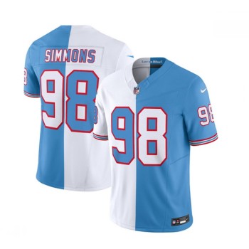 Men's Tennessee Titans #98 Jeffery Simmons White/Blue 2023 F.U.S.E. Split Vapor Limited Throwback Stitched Football Jersey Men's Tennessee Titans #98 Jeffery Simmons White/Blue 2023 F.U.S.E. Split Vapor Limited Throwback Stitched Football Jersey