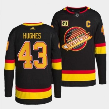 Men's Vancouver Canucks #43 Quinn Hughes Black Retro With 50th Anniversary Patch Stitched Jersey Men's Vancouver Canucks #43 Quinn Hughes Black Retro With 50th Anniversary Patch Stitched Jersey