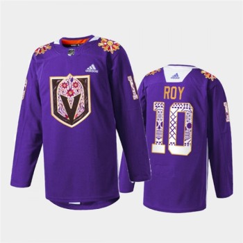 Men's Vegas Golden Knights #10 Nicolas Roy Purple Hispanic Heritage Warmup Stitched Jersey Men's Vegas Golden Knights #10 Nicolas Roy Purple Hispanic Heritage Warmup Stitched Jersey