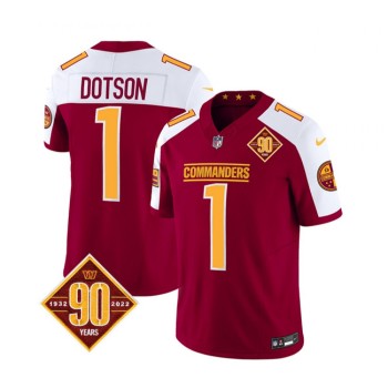 Men's Washington Commanders #1 Jahan Dotson Burgundy/White 2023 F.U.S.E. 90th Anniversary Vapor Limited Stitched Football Jersey Men's Washington Commanders #1 Jahan Dotson Burgundy/White 2023 F.U.S.E. 90th Anniversary Vapor Limited Stitched Football Jersey