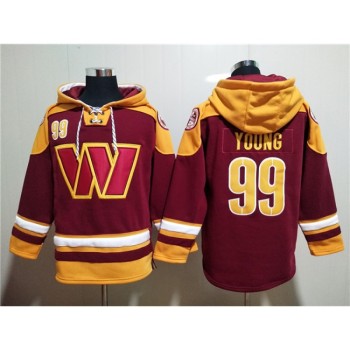 Men's Washington Commanders #99 Chase Young Burgundy Lace-Up Pullover Hoodie Men's Washington Commanders #99 Chase Young Burgundy Lace-Up Pullover Hoodie