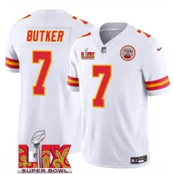 Men's Kansas City Chiefs #7 Harrison Butker White 2025 Super Bowl LIX Patch F.U.S.E. Vapor Limited Stitched Football Jersey Men's Kansas City Chiefs #7 Harrison Butker White 2025 Super Bowl LIX Patch F.U.S.E. Vapor Limited Stitched Football Jersey