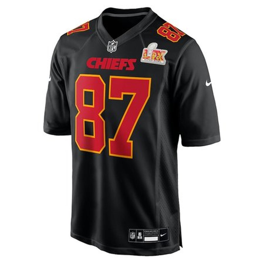 Men's Kansas City Chiefs #87 Travis Kelce Carbon Black Super Bowl LIX Fashion Game Jersey