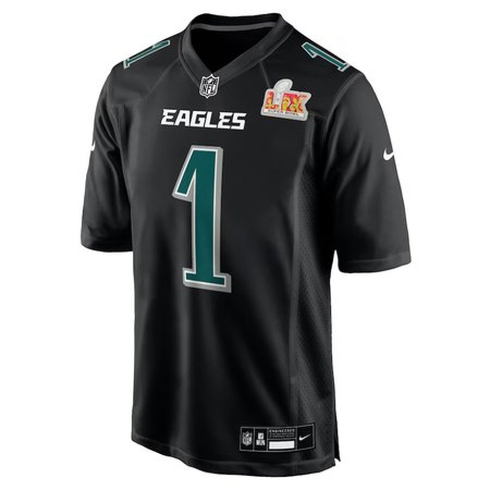 Men's Philadelphia Eagles #1 Jalen Hurts Carbon Black Super Bowl LIX Fashion Game Player Jersey