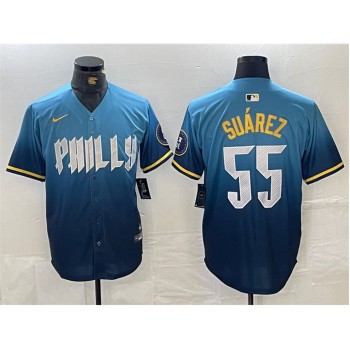 Men's Philadelphia Phillies #55 Ranger Suarez Blue 2024 City Connect Limited Stitched Jersey