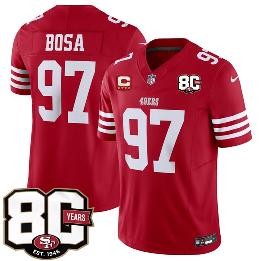 Men's San Francisco 49ers #97 Nick Bosa Red 2026 With 80th Anniversary & 4-Star C Patch Vapor F.U.S.E. Untouchabl Limited Jersey