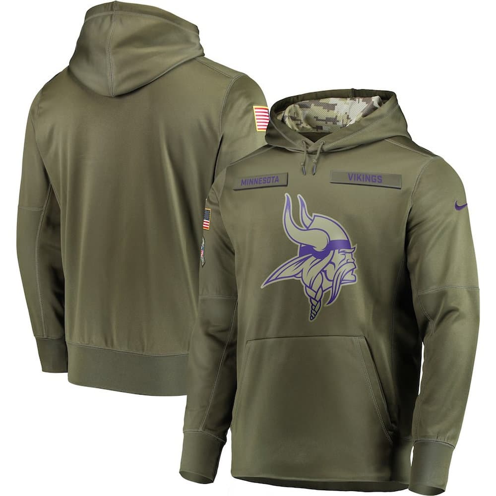 Men's Minnesota Vikings Olive Salute to Service Sideline Therma Performance Pullover Stitched NFL Hoodie