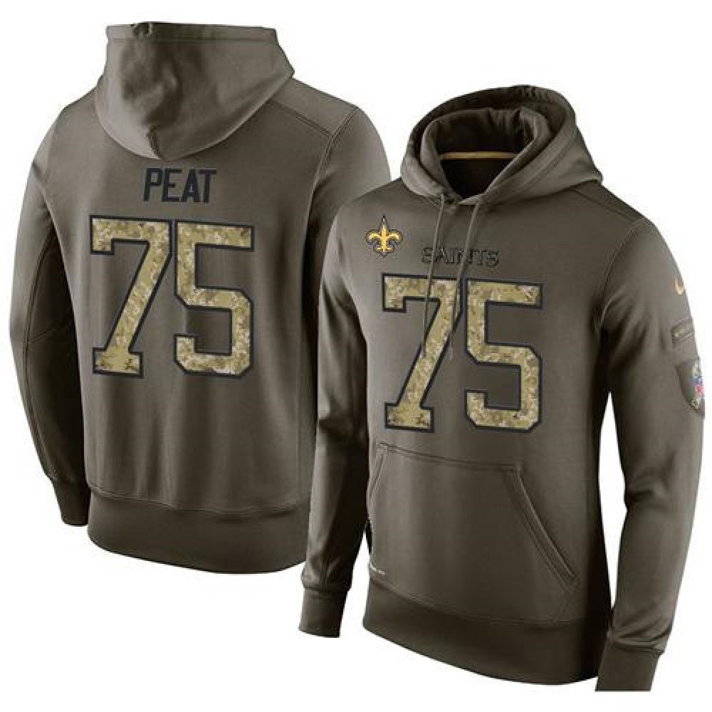 NFL Men's New Orleans Saints #75 Andrus Peat Stitched Green Olive Salute To Service KO Performance Hoodie