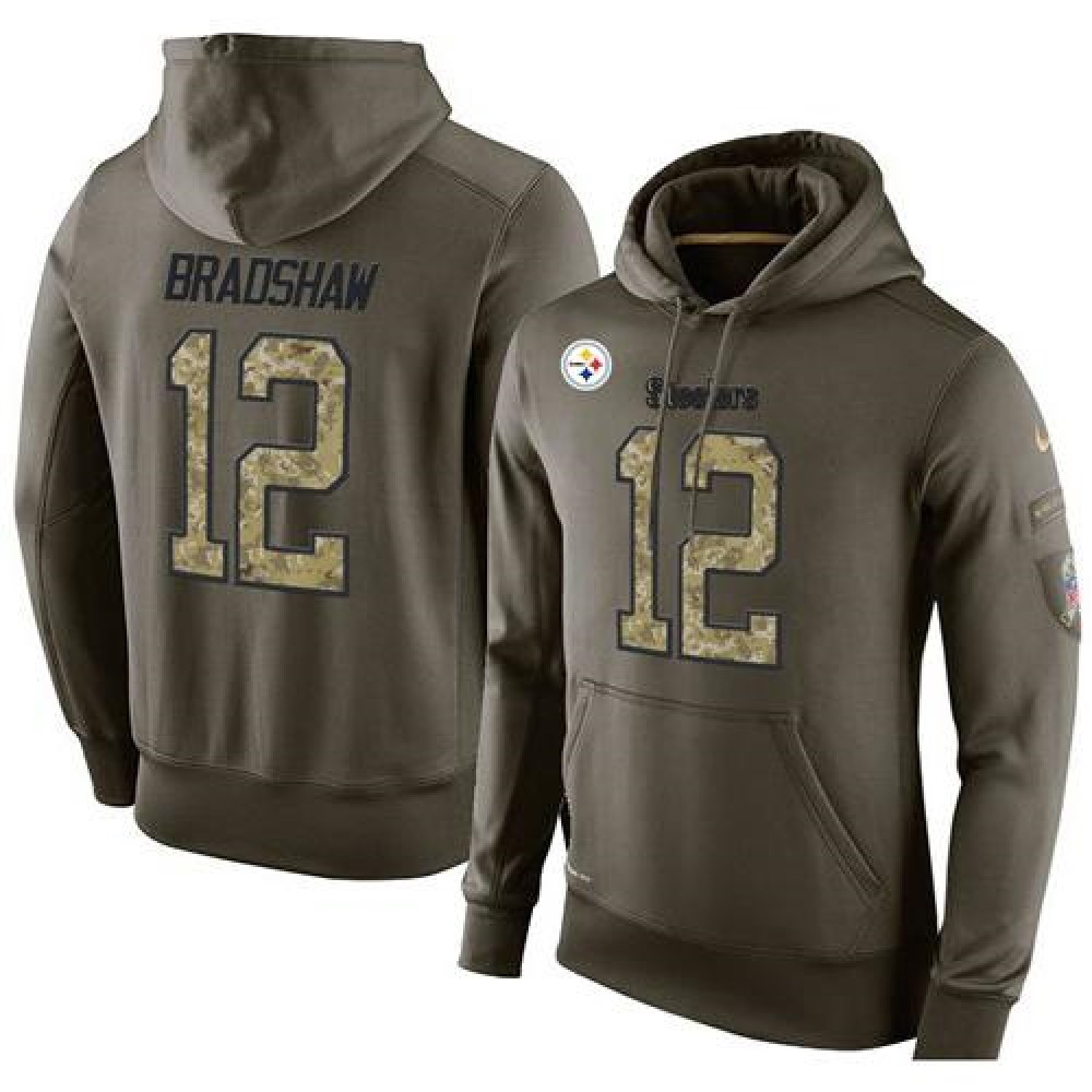 NFL Men's Pittsburgh Steelers #12 Terry Bradshaw Stitched Green Olive Salute To Service KO Performance Hoodie