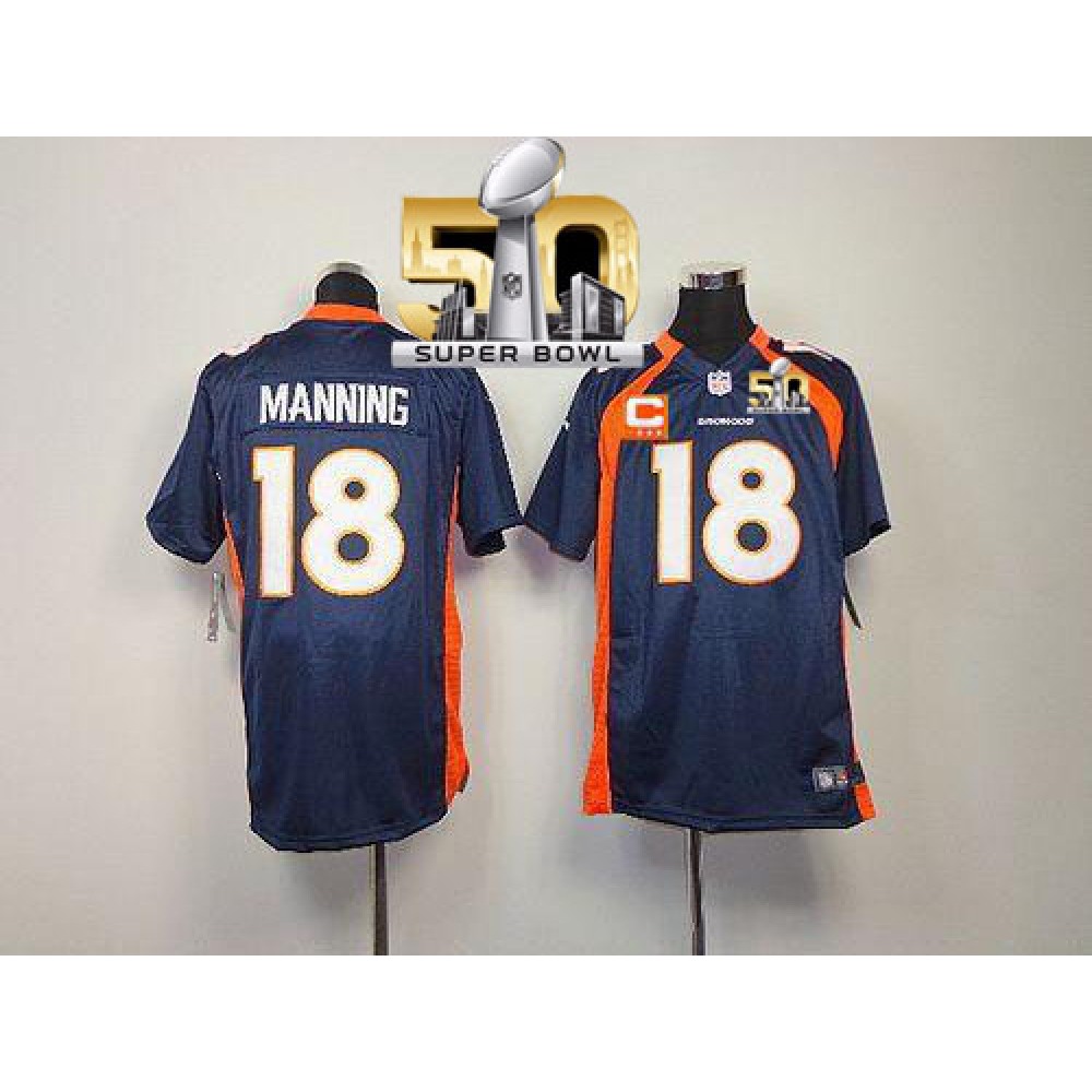 Broncos #18 Peyton Manning Blue Alternate With C Patch Super Bowl 50 Youth Stitched NFL Elite Jersey