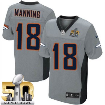 Broncos #18 Peyton Manning Grey Shadow Super Bowl 50 Youth Stitched NFL Elite Jersey