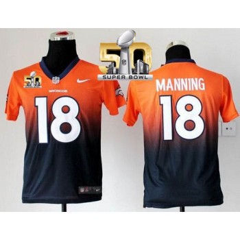 Broncos #18 Peyton Manning Orange/Blue Super Bowl 50 Youth Stitched NFL Elite Fadeaway Fashion Jersey