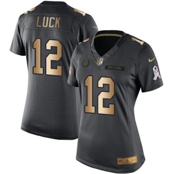 Colts #12 Andrew Luck Black Women's Stitched NFL Limited Gold Salute to Service Jersey