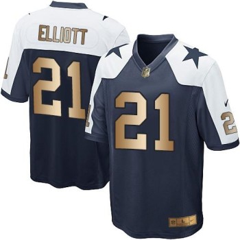 Cowboys #21 Ezekiel Elliott Navy Blue Thanksgiving Throwback Youth Stitched NFL Elite Gold Jersey