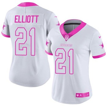 Cowboys #21 Ezekiel Elliott White/Pink Women's Stitched NFL Limited Rush Fashion Jersey