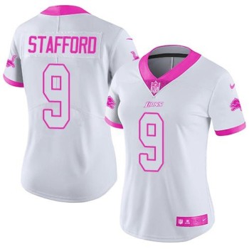 Lions #9 Matthew Stafford White/Pink Women's Stitched NFL Limited Rush Fashion Jersey