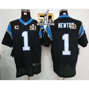 Panthers #1 Cam Newton Black Team Color With C Patch Super Bowl 50 Men's Stitched NFL Elite Jersey Panthers #1 Cam Newton Black Team Color With C Patch Super Bowl 50 Men's Stitched NFL Elite Jersey