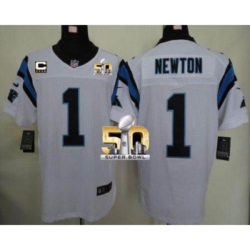 Panthers #1 Cam Newton White With C Patch Super Bowl 50 Men's Stitched NFL Elite Jersey Panthers #1 Cam Newton White With C Patch Super Bowl 50 Men's Stitched NFL Elite Jersey