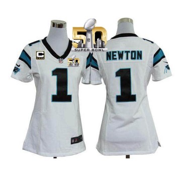 Panthers #1 Cam Newton White With C Patch Super Bowl 50 Women's Stitched NFL Elite Jersey Panthers #1 Cam Newton White With C Patch Super Bowl 50 Women's Stitched NFL Elite Jersey