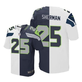 Seahawks #25 Richard Sherman White/Steel Blue Men's Stitched NFL Elite Split Jersey
