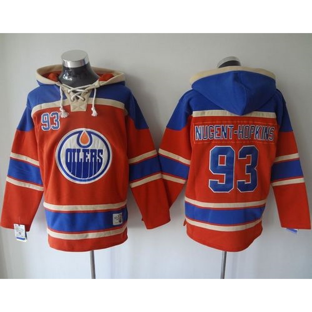 Oilers #93 Ryan Nugent-Hopkins Orange Sawyer Hooded Sweatshirt Stitched NHL Jersey
