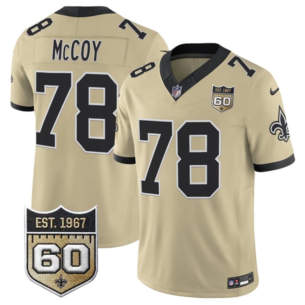 Men's New Orleans Saints #78 Erik McCoy Gold 2026 60th Anniversary Patch Vapor F.U.S.E Limited Jersey Men's New Orleans Saints #78 Erik McCoy Gold 2026 60th Anniversary Patch Vapor F.U.S.E Limited Jersey