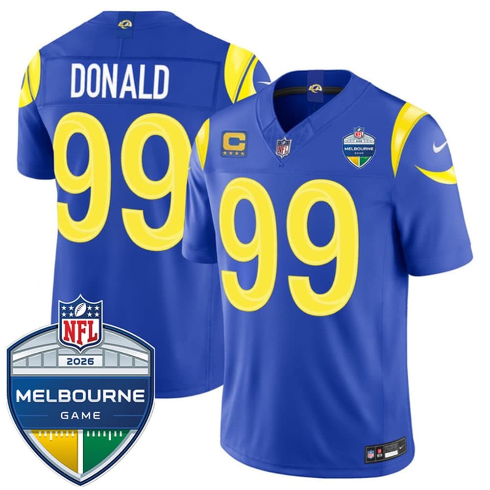 Men's Los Angeles Rams #99 Aaron Donald Royal 2026 4-Star C Patch And Melbourne Game Patch Vapor F.U.S.E. Limited Jersey