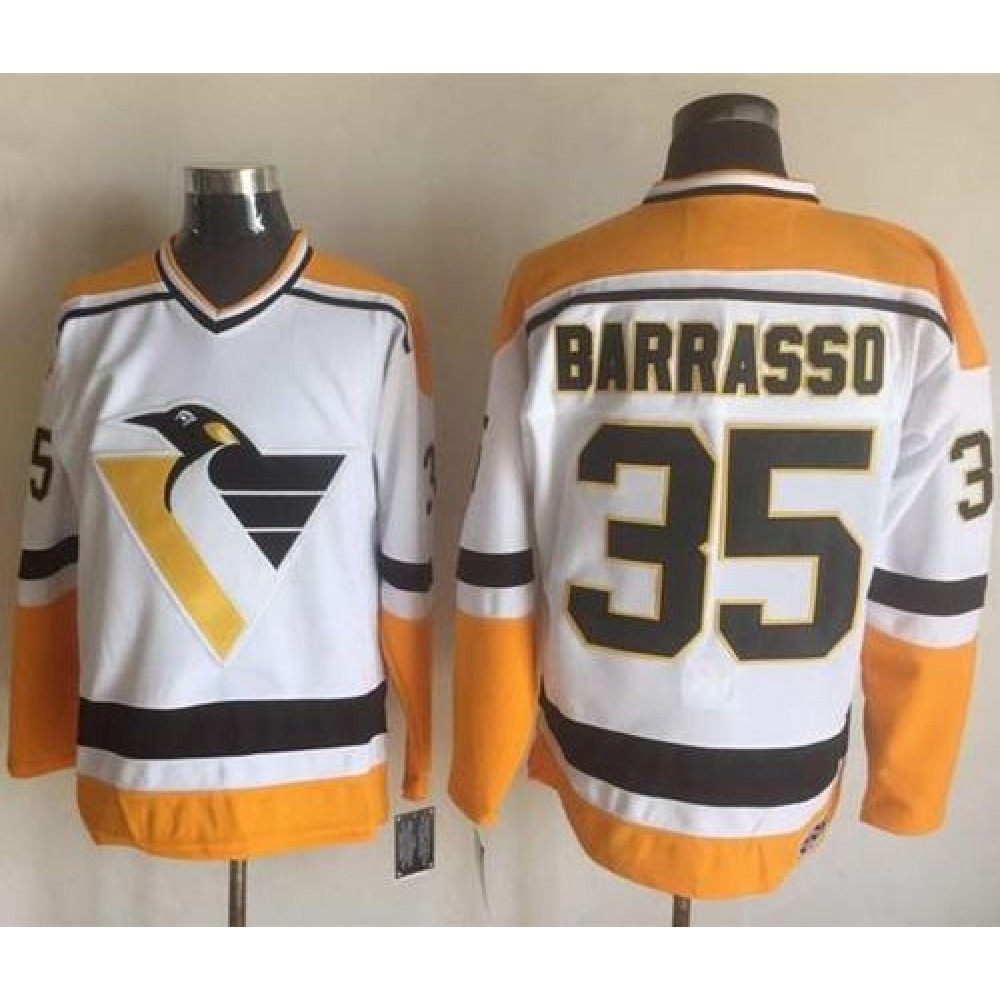Penguins #35 Tom Barrasso White/Yellow CCM Throwback Stitched NHL Jersey