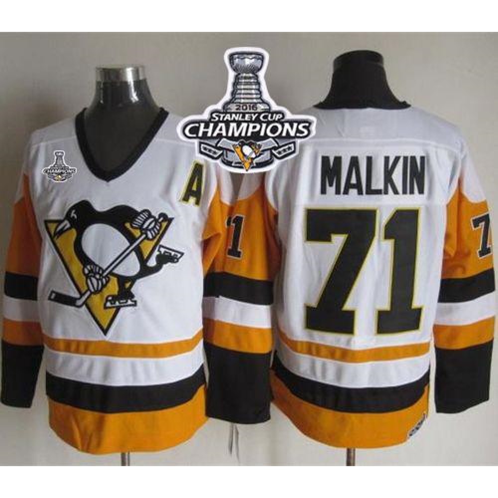 Penguins #71 Evgeni Malkin White/Black CCM Throwback 2016 Stanley Cup Champions Stitched NHL Jersey