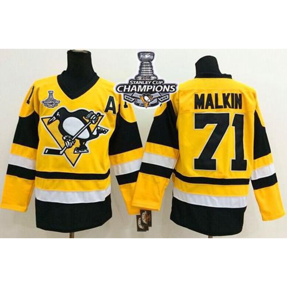Penguins #71 Evgeni Malkin Yellow Throwback 2016 Stanley Cup Champions Stitched NHL Jersey