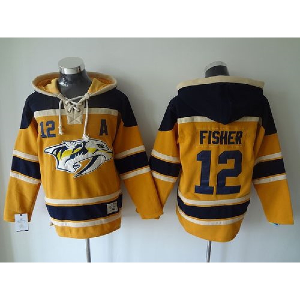 Predators #12 Mike Fisher Yellow Sawyer Hooded Sweatshirt Stitched NHL Jersey