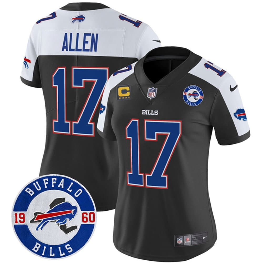 Women's Buffalo Bills #17 Josh Allen Black With 4-Star C Patch & Est. 1960 Patch Vapor Limited Jersey