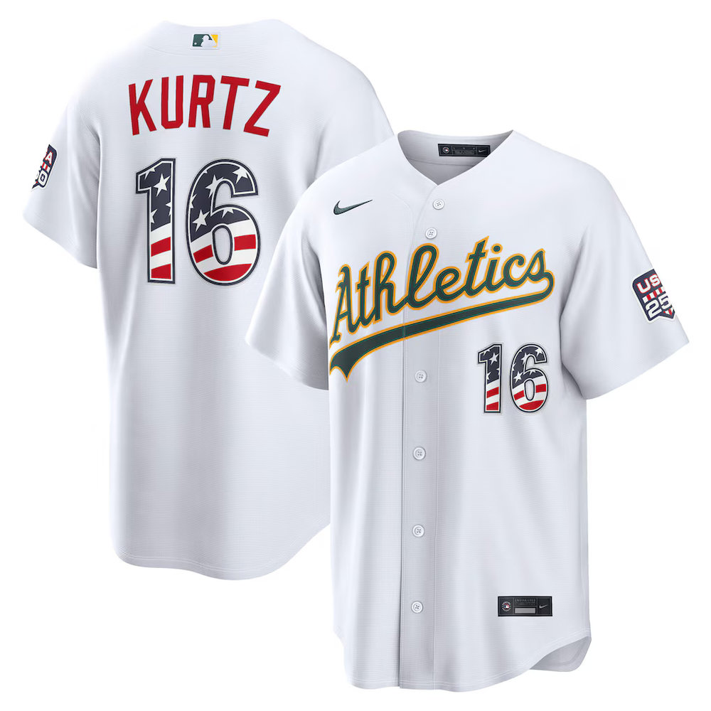 Youth Oakland Athletics #16 Nick Kurtz Nike White USA 250 Fourth of July Home Stadium Jersey Youth Oakland Athletics #16 Nick Kurtz Nike White USA 250 Fourth of July Home Stadium Jersey