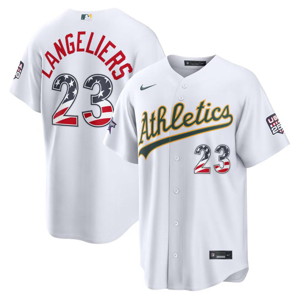 Men's Oakland Athletics #23 Shea Langeliers Nike White 2026 All-Star Edition Stars & Stripes Stadium Jersey Men's Oakland Athletics #23 Shea Langeliers Nike White 2026 All-Star Edition Stars & Stripes Stadium Jersey