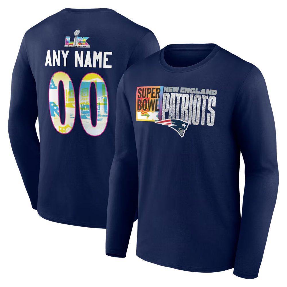 Men's New England Patriots Navy Super Bowl LX Custom Name & Number Long Sleeve T-Shirt