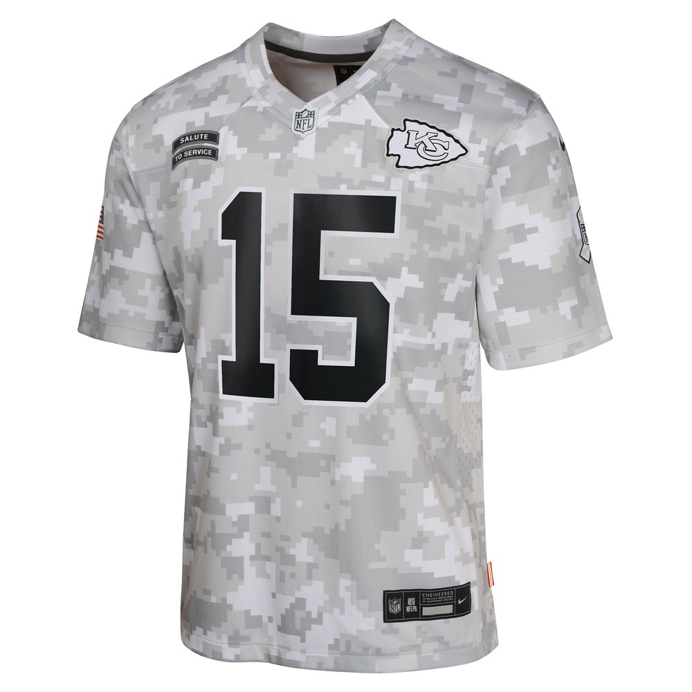 Youth Kansas City Chiefs #15 Patrick Mahomes Arctic Camo 2024 Salute to Service Game Jersey