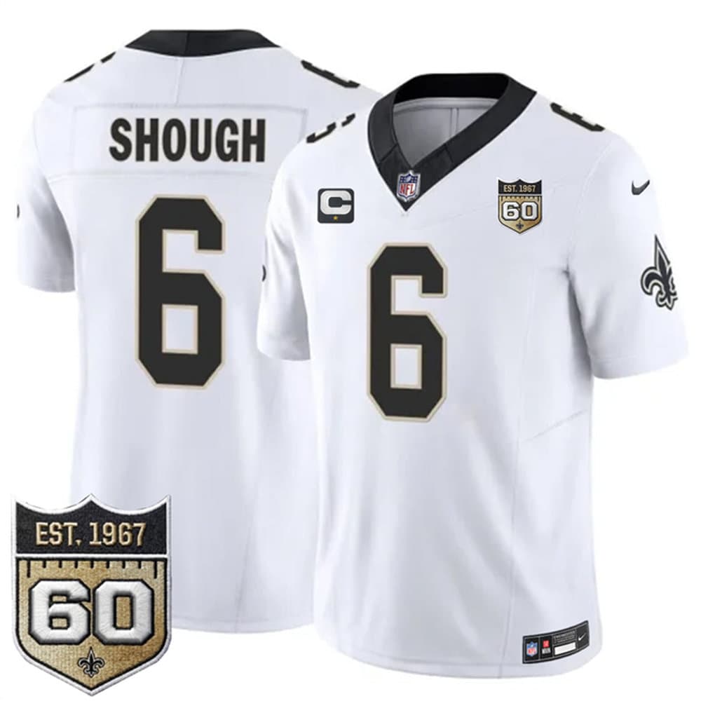 Men's New Orleans Saints #6 Tyler Shough White 2026 With 1-Star C Patch And 60th Anniversary Patch Vapor F.U.S.E Limited Jersey Men's New Orleans Saints #6 Tyler Shough White 2026 With 1-Star C Patch And 60th Anniversary Patch Vapor F.U.S.E Limited Jersey